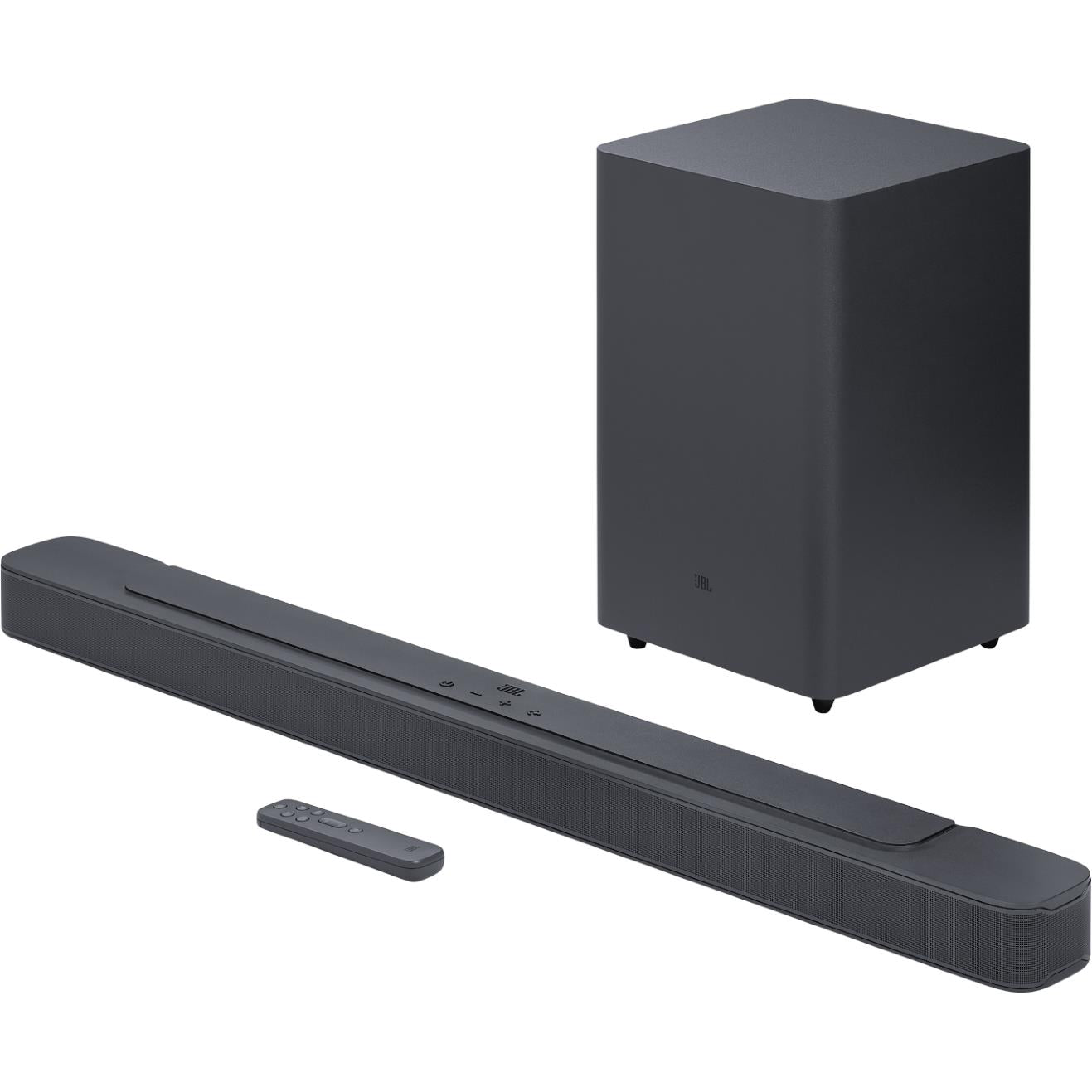 Black soundbar with wireless subwoofer and remote, compact home theater speaker set.