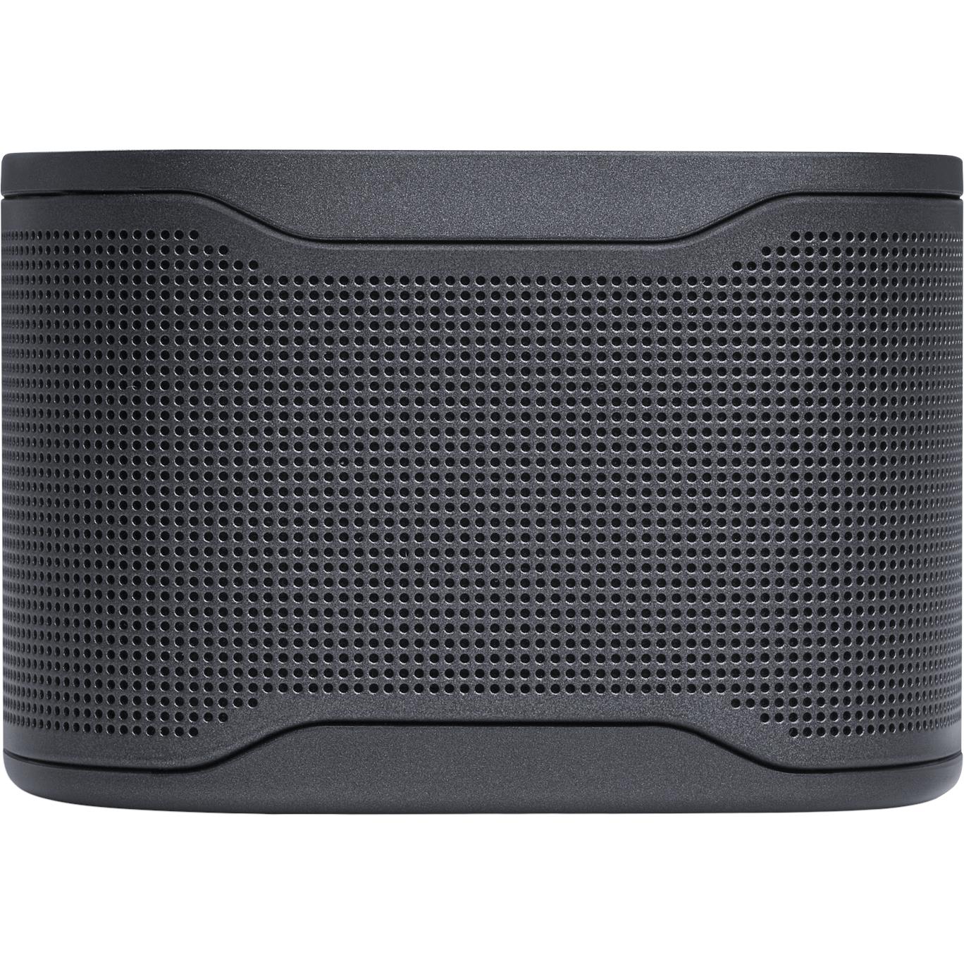 Black soundbar speaker grille with curved top and bottom edges.