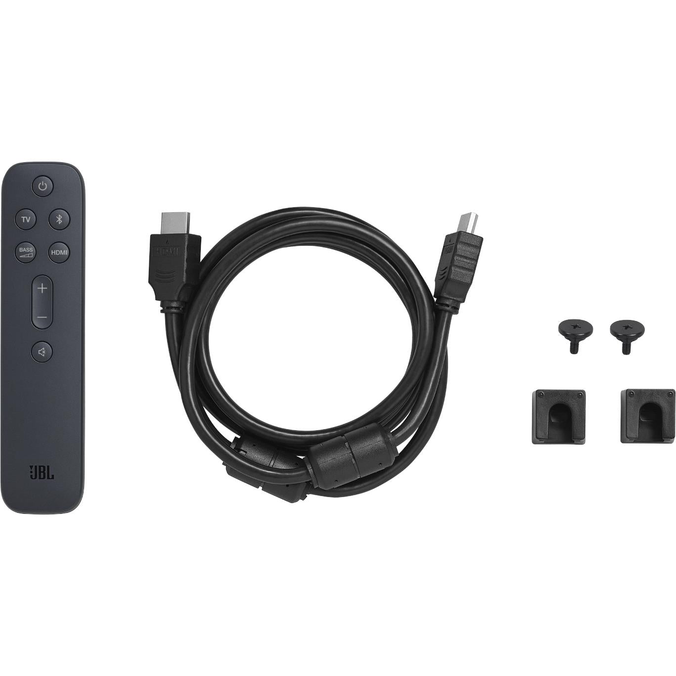 Black remote control with cables and mounting brackets for soundbar.