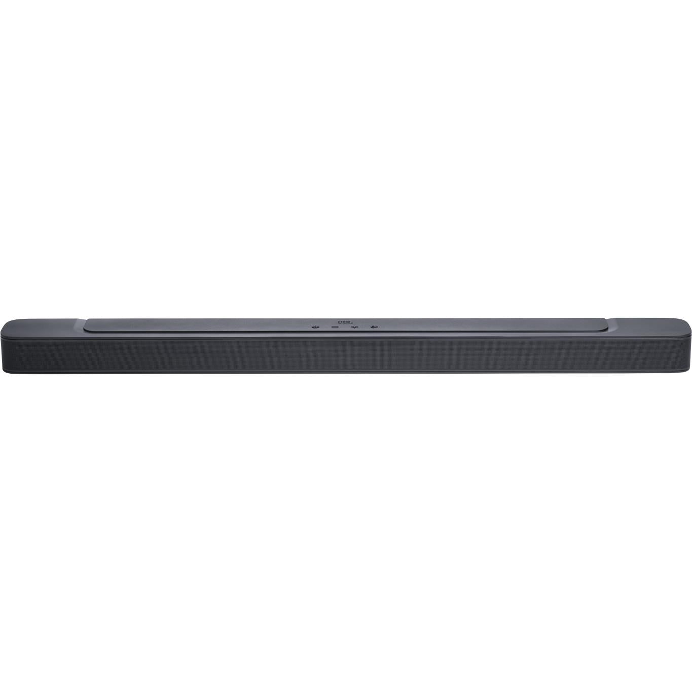 Low-profile black soundbar with control panel and indicator lights on top.
