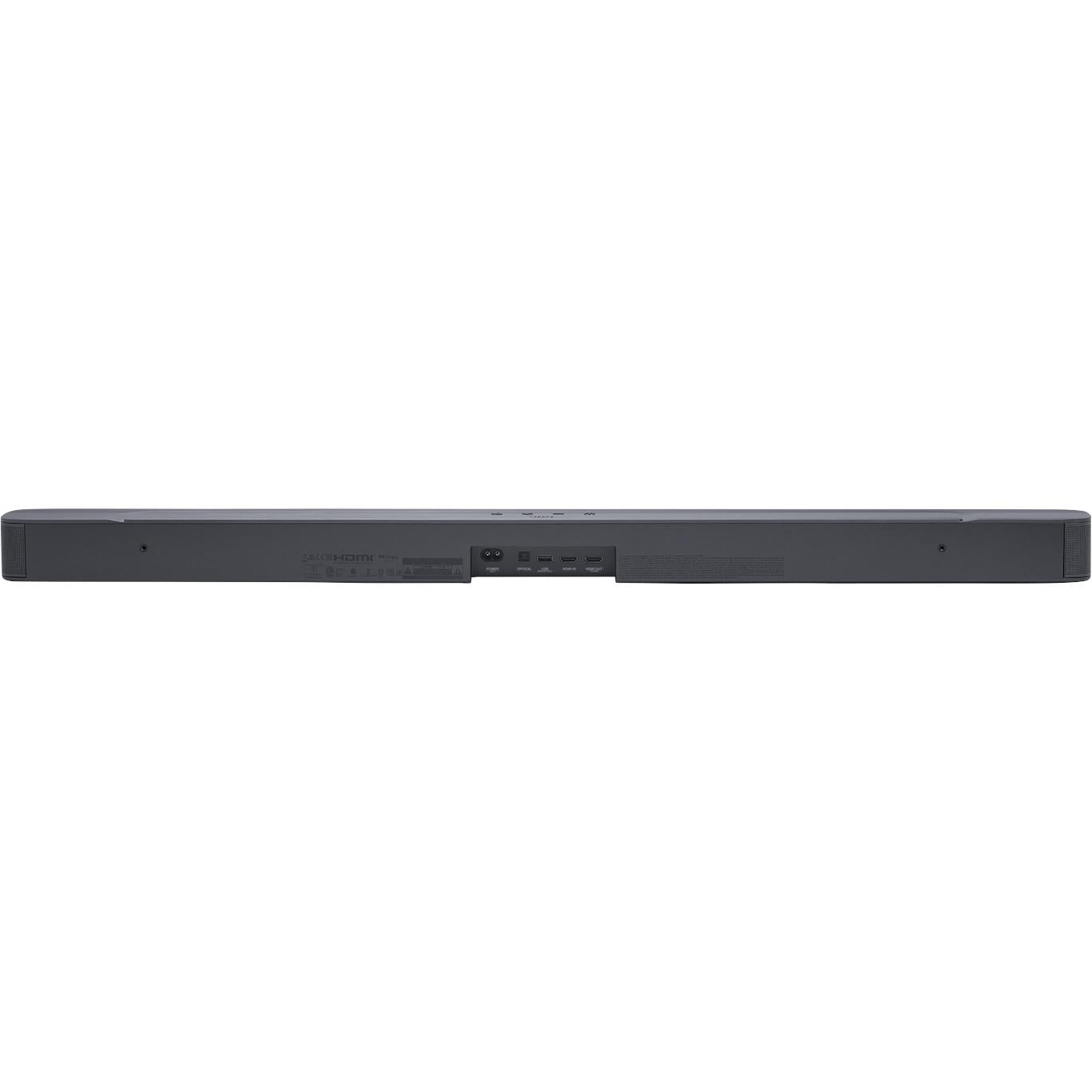 Back view of a black soundbar showing ports and wall-mount openings.
