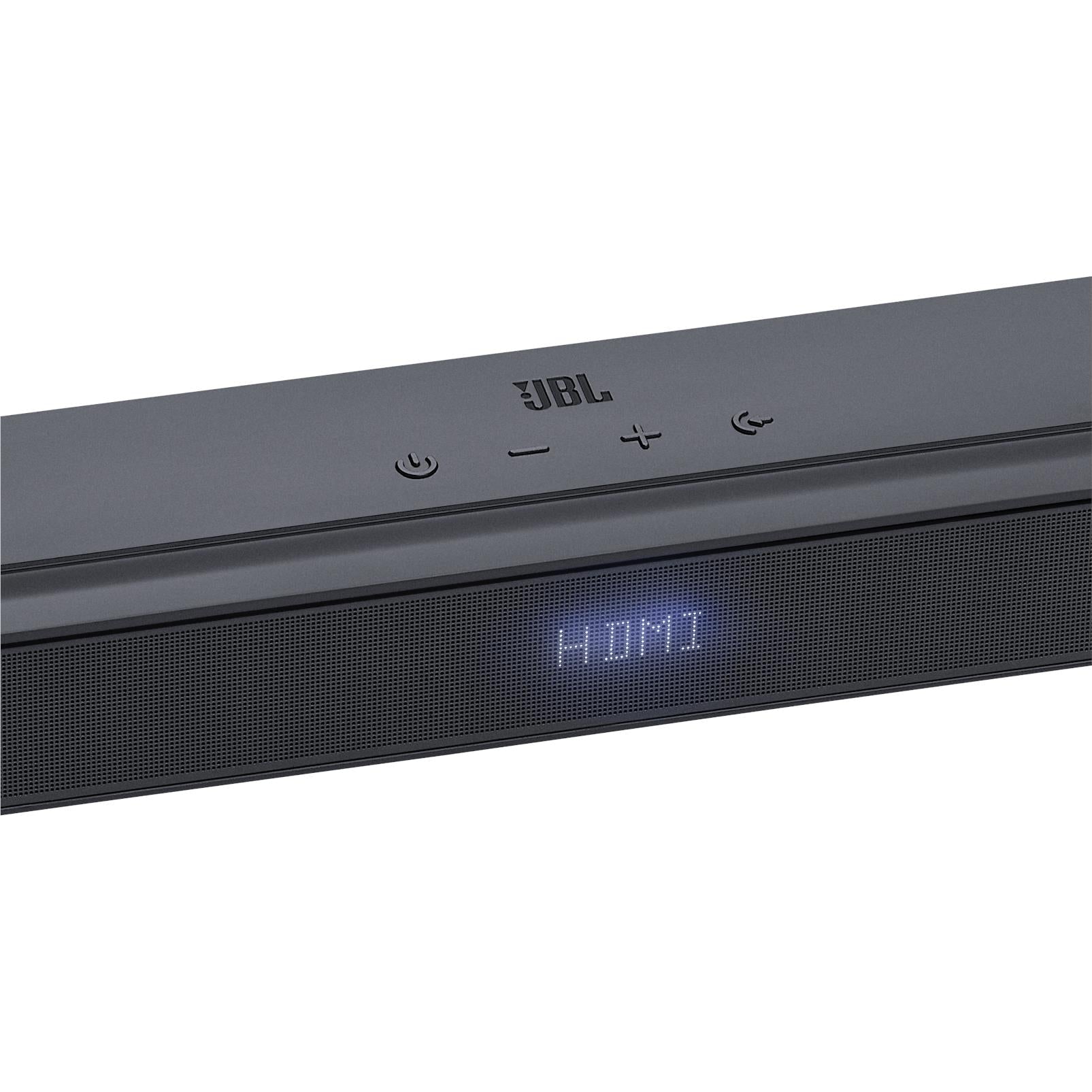 Close-up of black soundbar front controls and HDMI label on speaker grille.