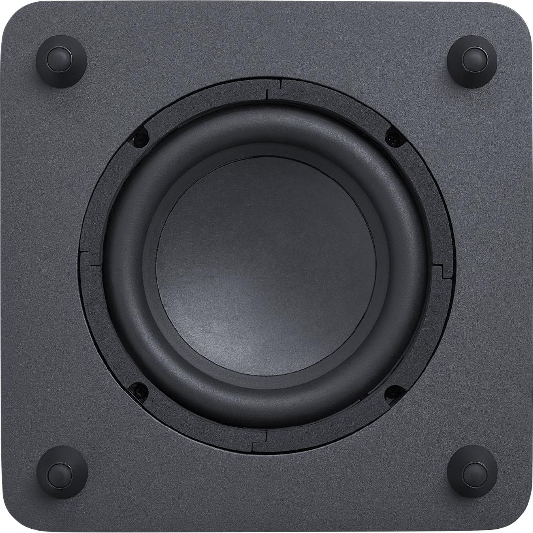 Close-up of black subwoofer driver with surround and mounting screws.