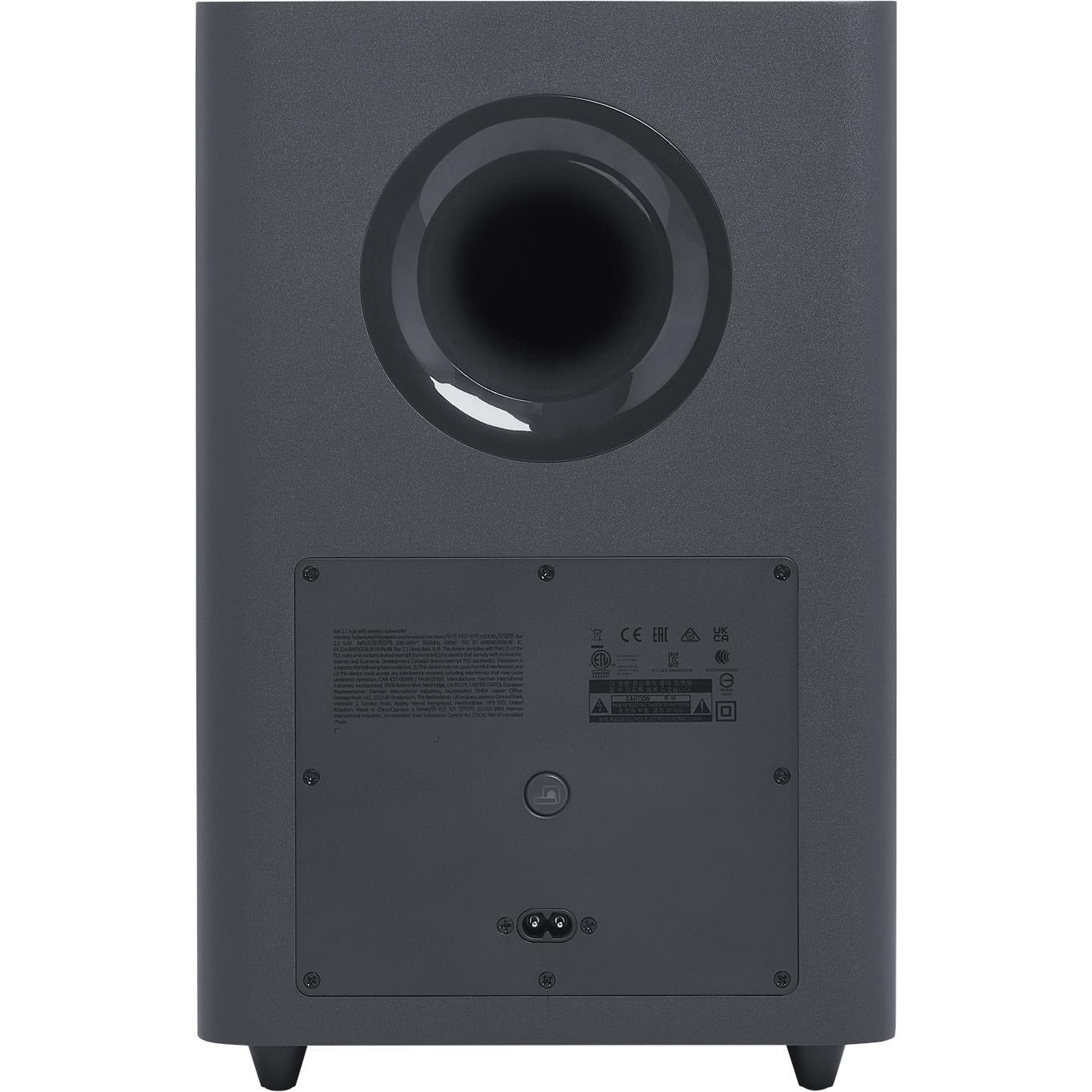 Rear view of black wireless subwoofer with power label and connector ports.