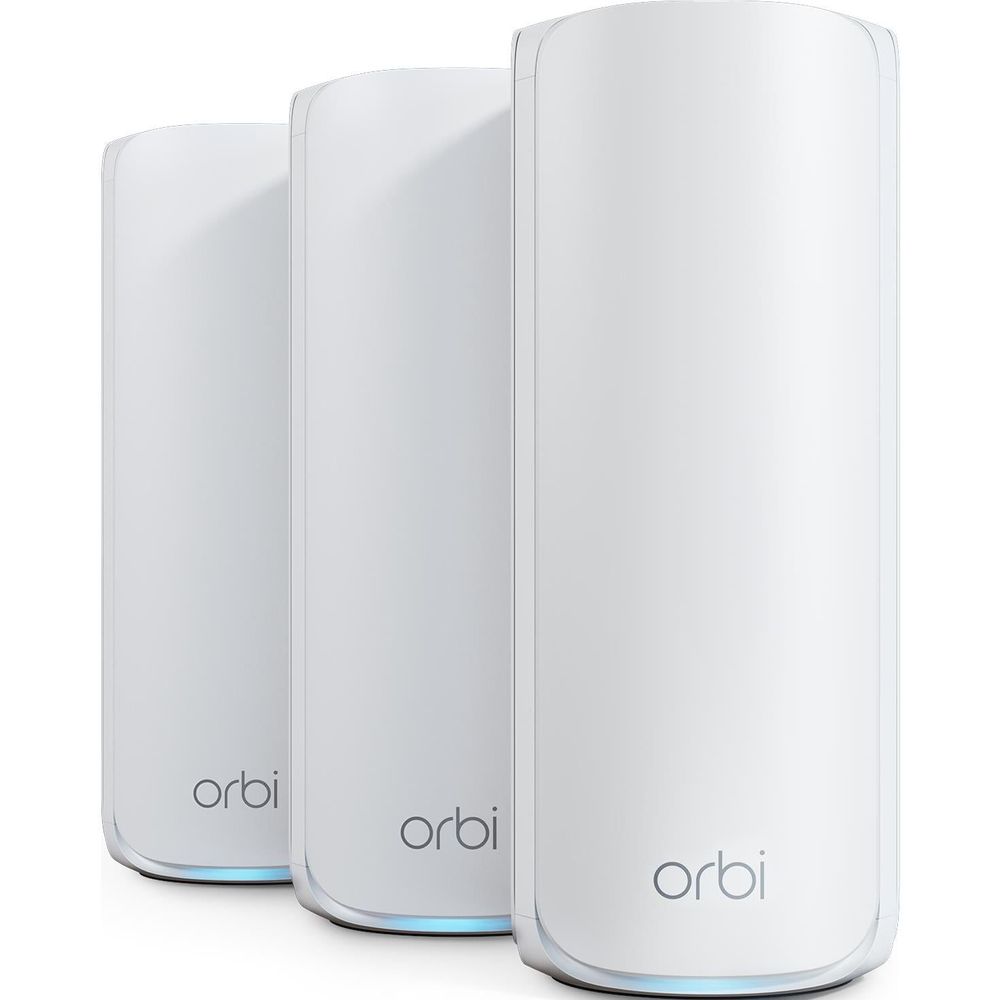White Orbi tri-band mesh WiFi router pods, 3-pack, front view with blue ring light
