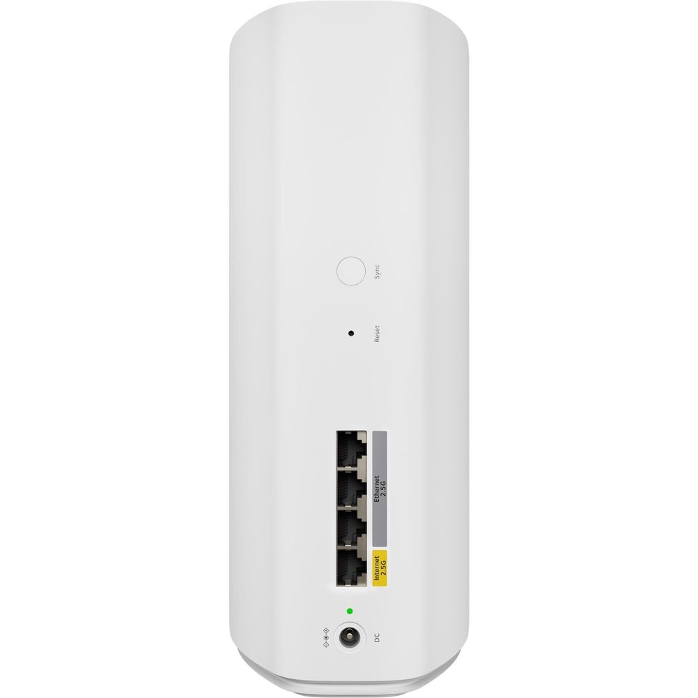 White Orbi mesh WiFi router pod back panel with Ethernet ports and indicator lights