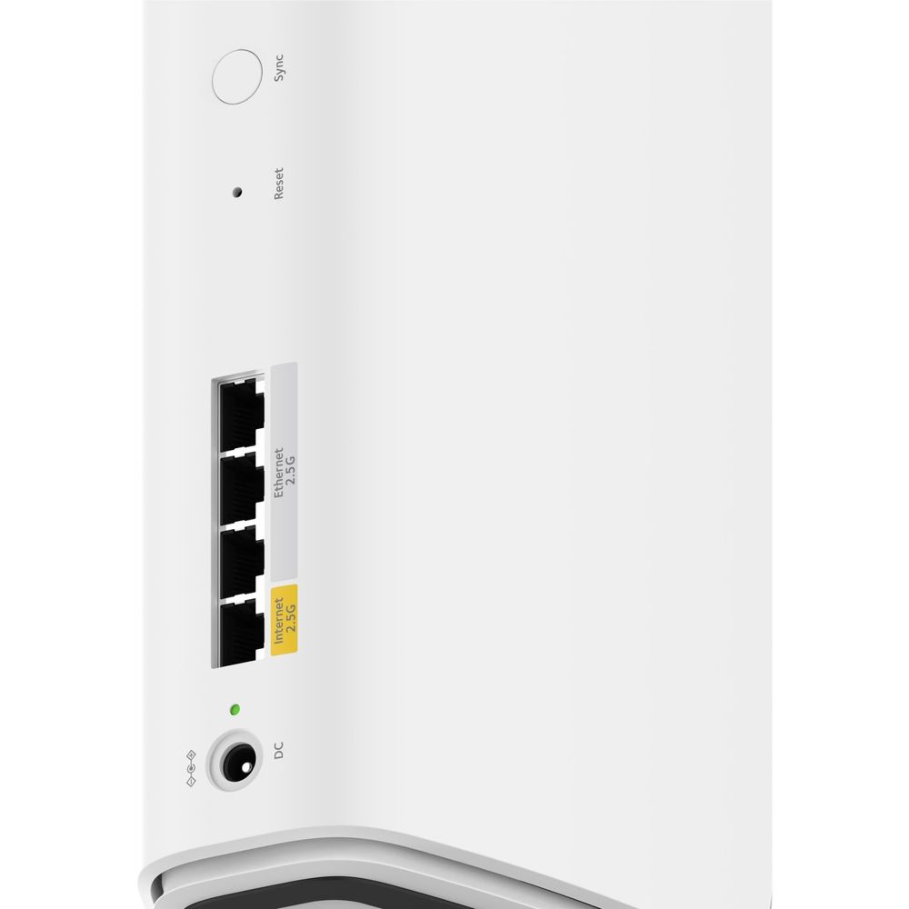 White Orbi mesh WiFi router pod with visible Ethernet port panel and status controls