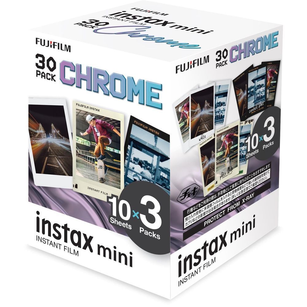 Fujifilm Instax mini instant film 30-pack Chrome, retail box with film pack icons