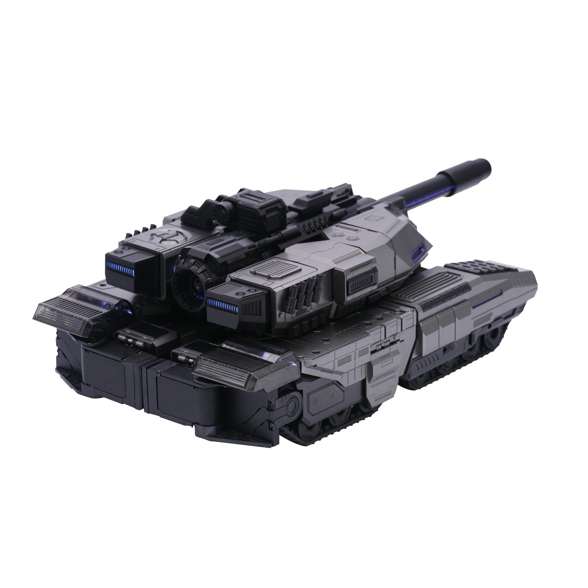 Auto-convert tank robot in tank mode with long barrel and gray-and-black armor