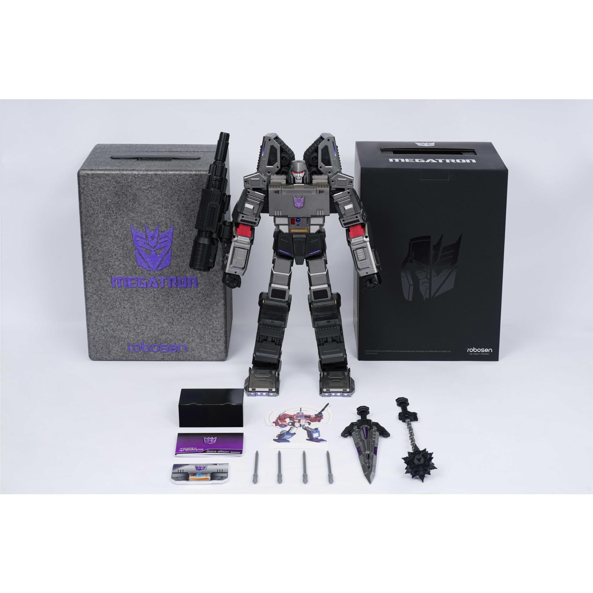 Auto-convert tank robot set with boxed pieces, accessories, and gray robot figure
