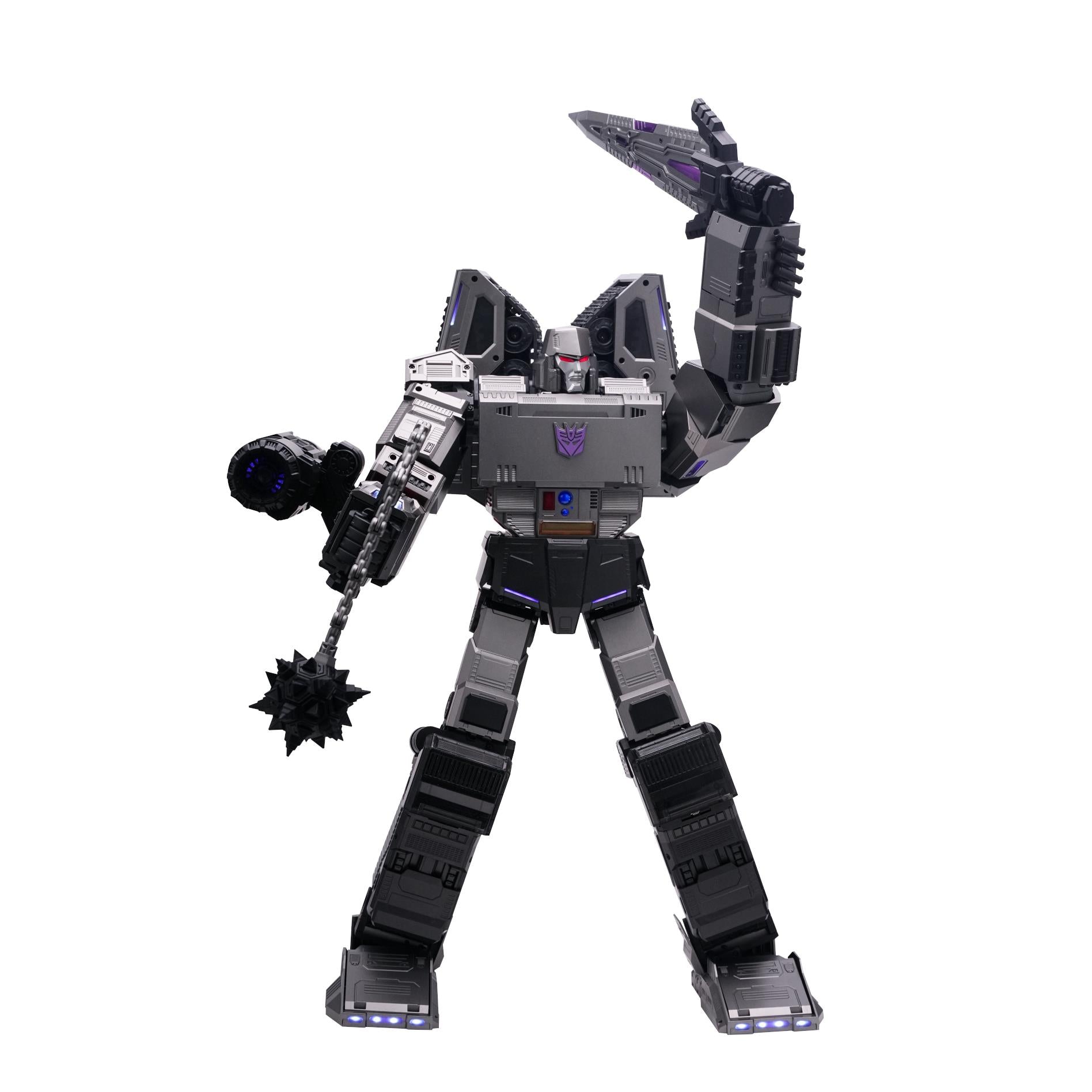 Auto-convert tank robot in action pose with raised arm and purple accent details