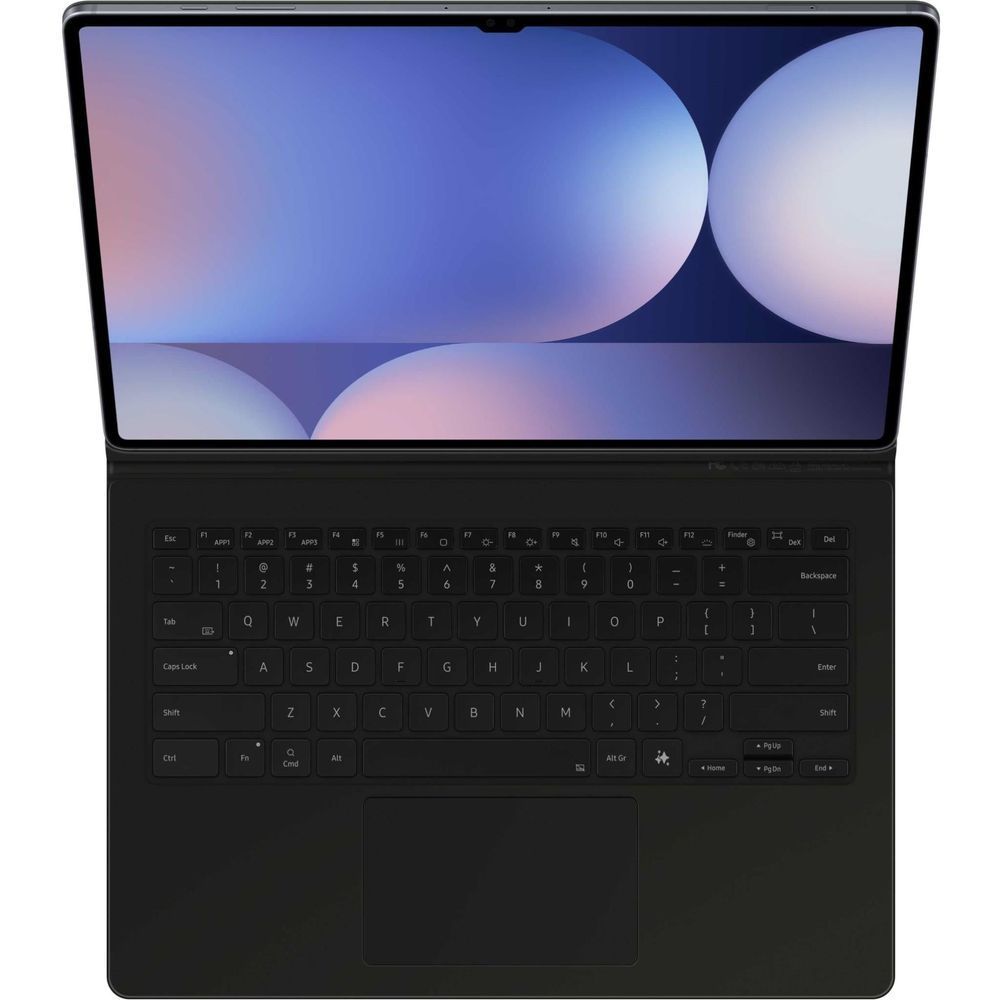 Black tablet keyboard cover with trackpad, open front view with keyboard and trackpad