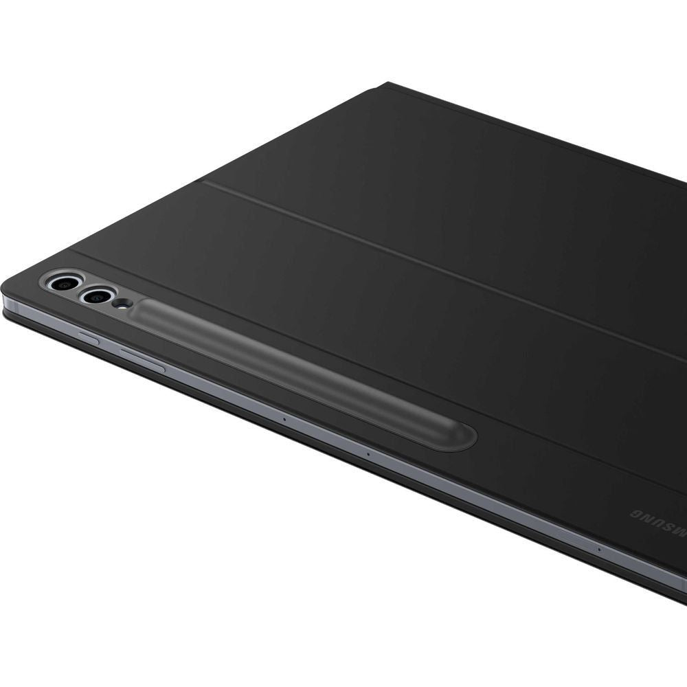 Black tablet keyboard cover with trackpad, angled rear view with camera cutouts