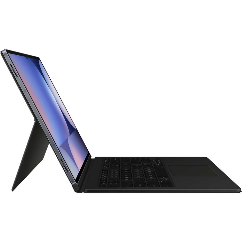 Black tablet keyboard cover with trackpad, kickstand open side view with keyboard