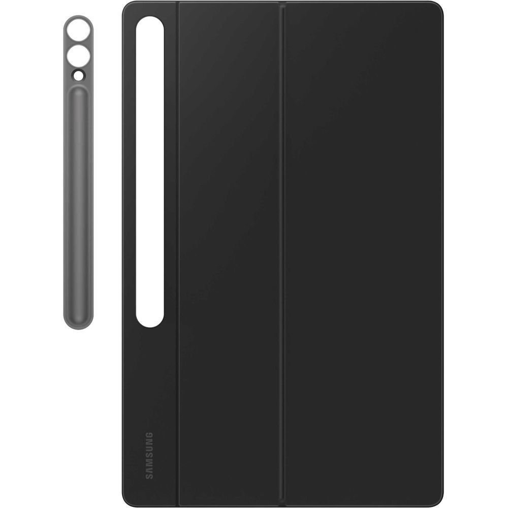 Black tablet keyboard cover with trackpad, back view with stylus holder