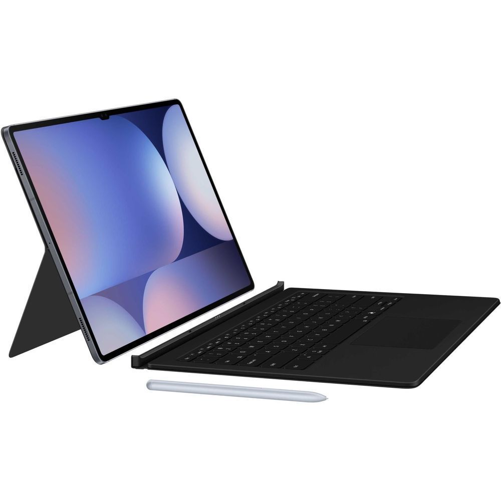 Black tablet keyboard cover with trackpad, tablet open with keyboard extended and stylus