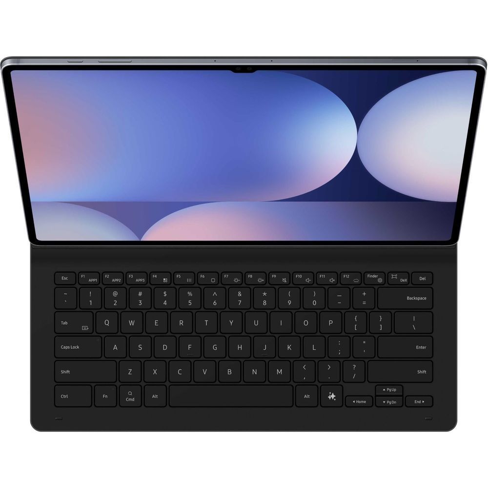 Black keyboard cover case showing full keyboard layout and tablet display