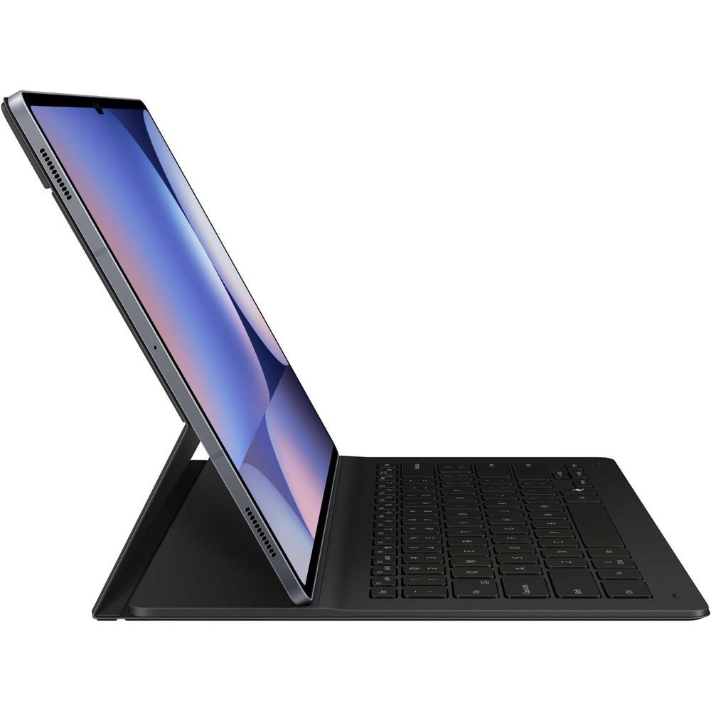 Black keyboard cover with adjustable kickstand and tablet supported at an angle