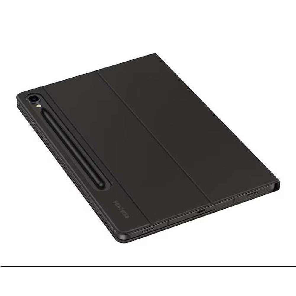 Black folio keyboard case with hinge spine and port cutouts, tablet back up