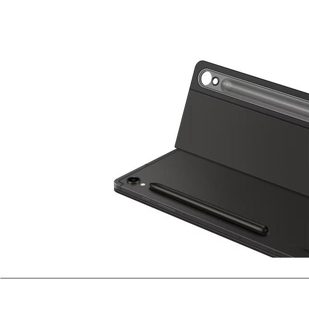 Black folio keyboard case back view with camera opening and long speaker slot