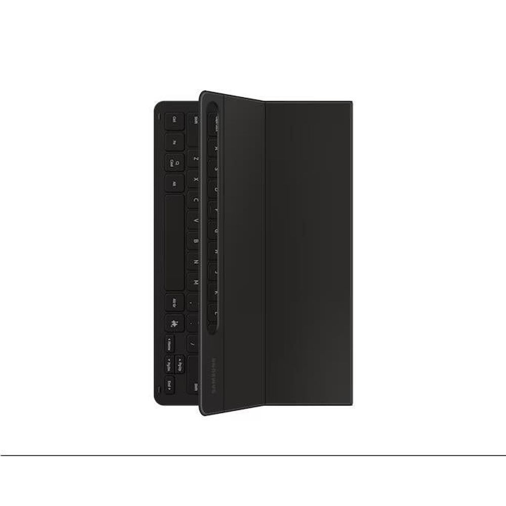 Black folio keyboard case side view with keyboard edge and hinge