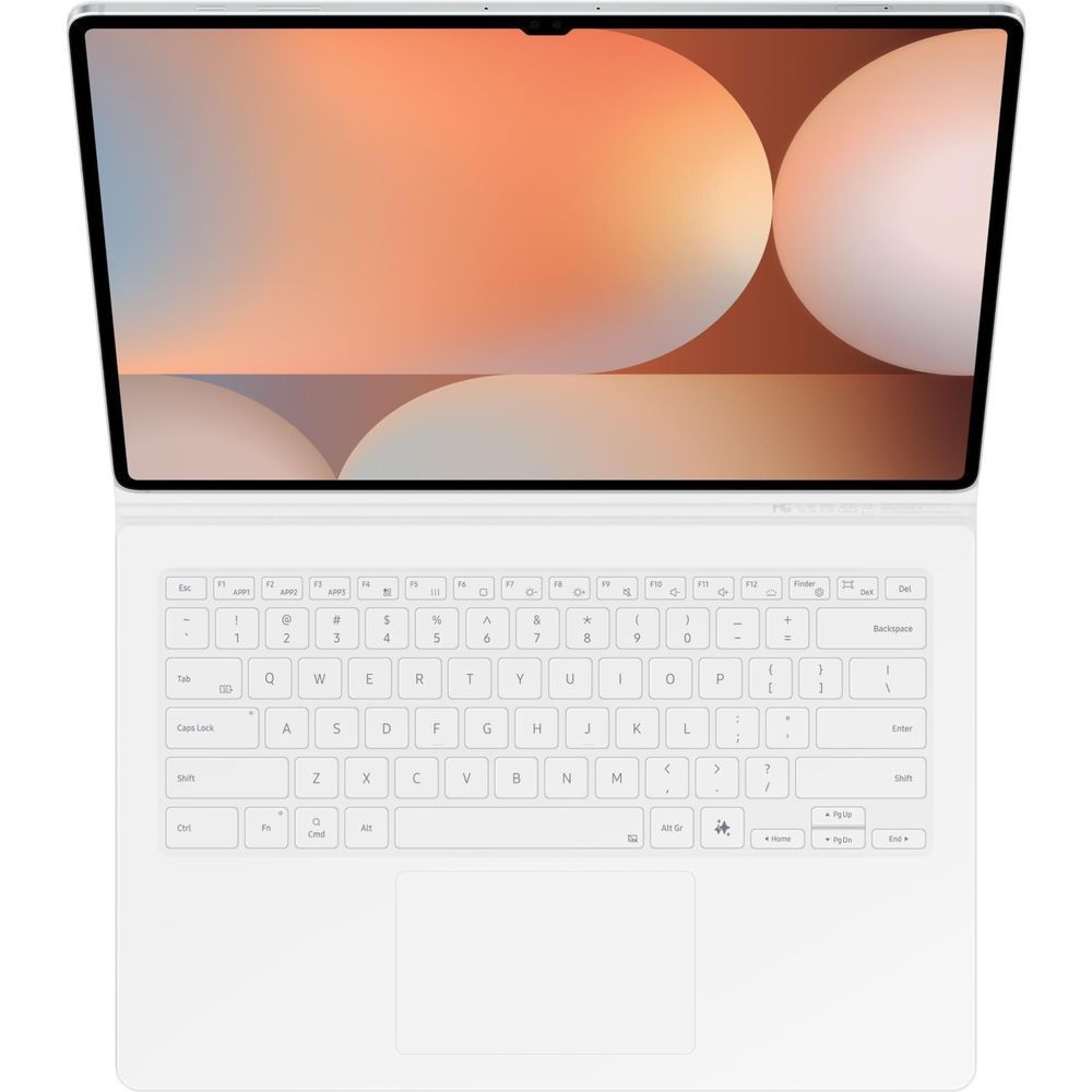 White Samsung Book Cover Keyboard with Trackpad, keyboard side view with screen open.
