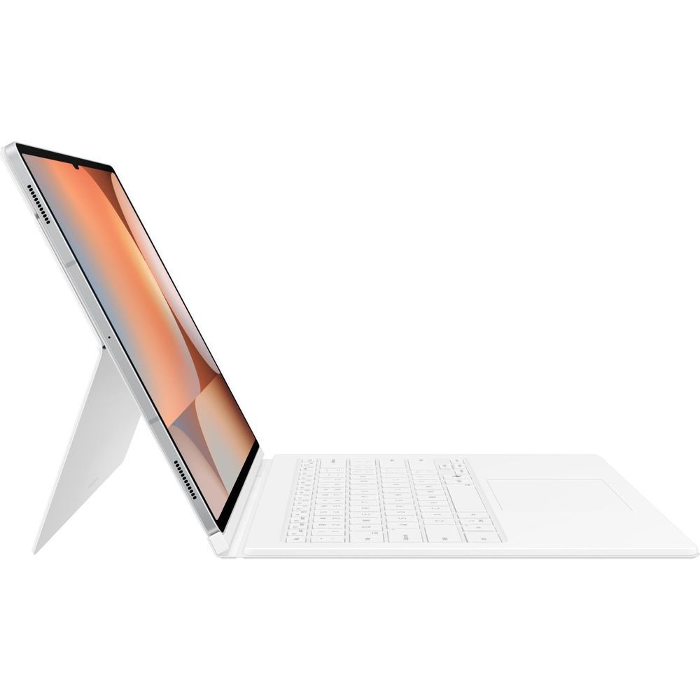 White Samsung Book Cover Keyboard with Trackpad, tablet propped up and keyboard open.