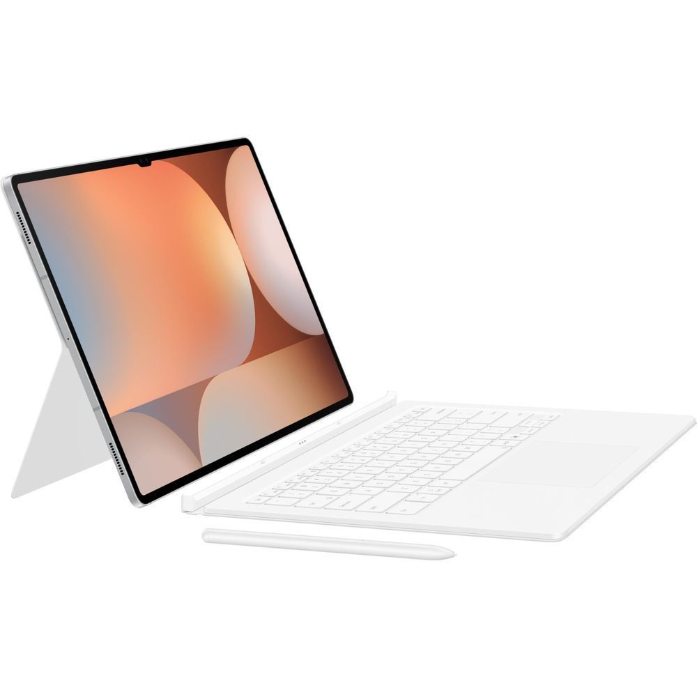 White Samsung Book Cover Keyboard with Trackpad, tablet and detached stylus on keyboard.