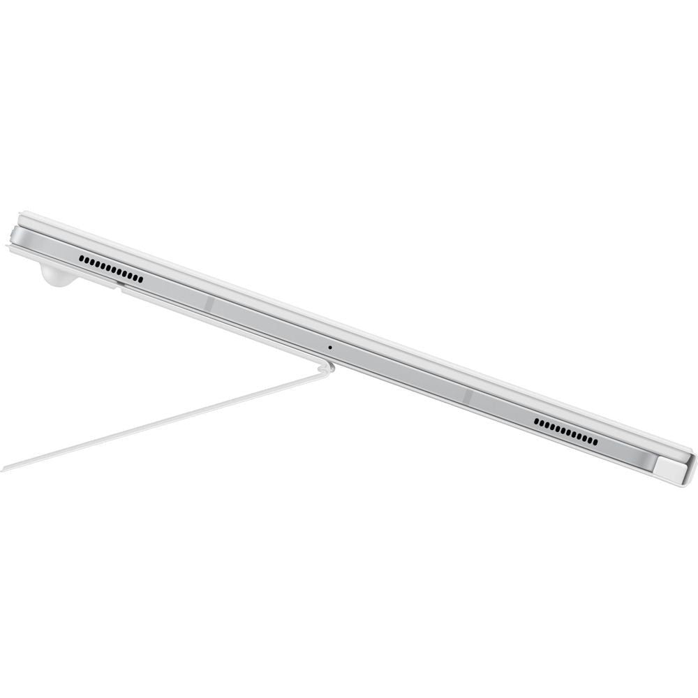 White Samsung Book Cover Keyboard with Trackpad, thin side profile with ports.