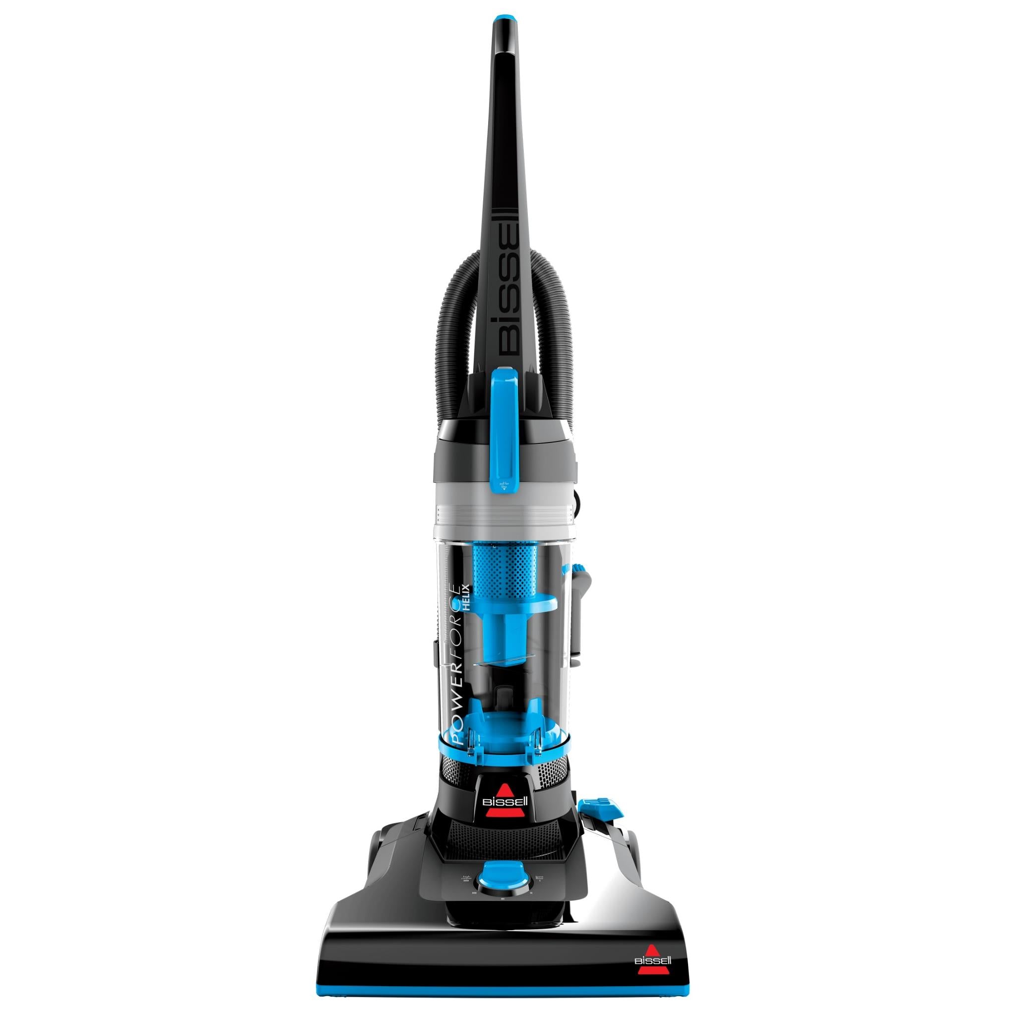 Bagless upright vacuum cleaner, blue canister and black base with floor brush head