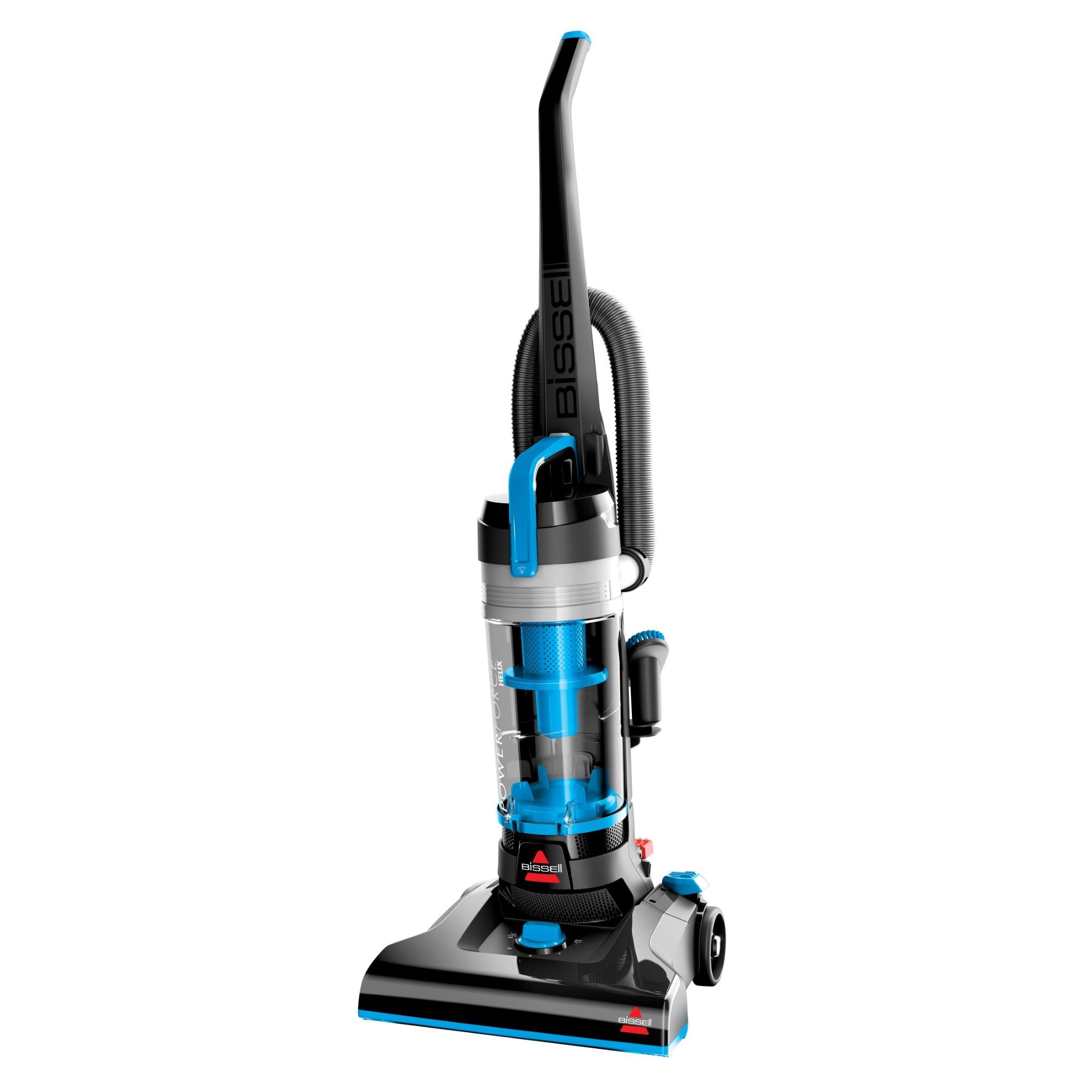 Bagless upright vacuum cleaner from side, tall wand and blue cyclone canister