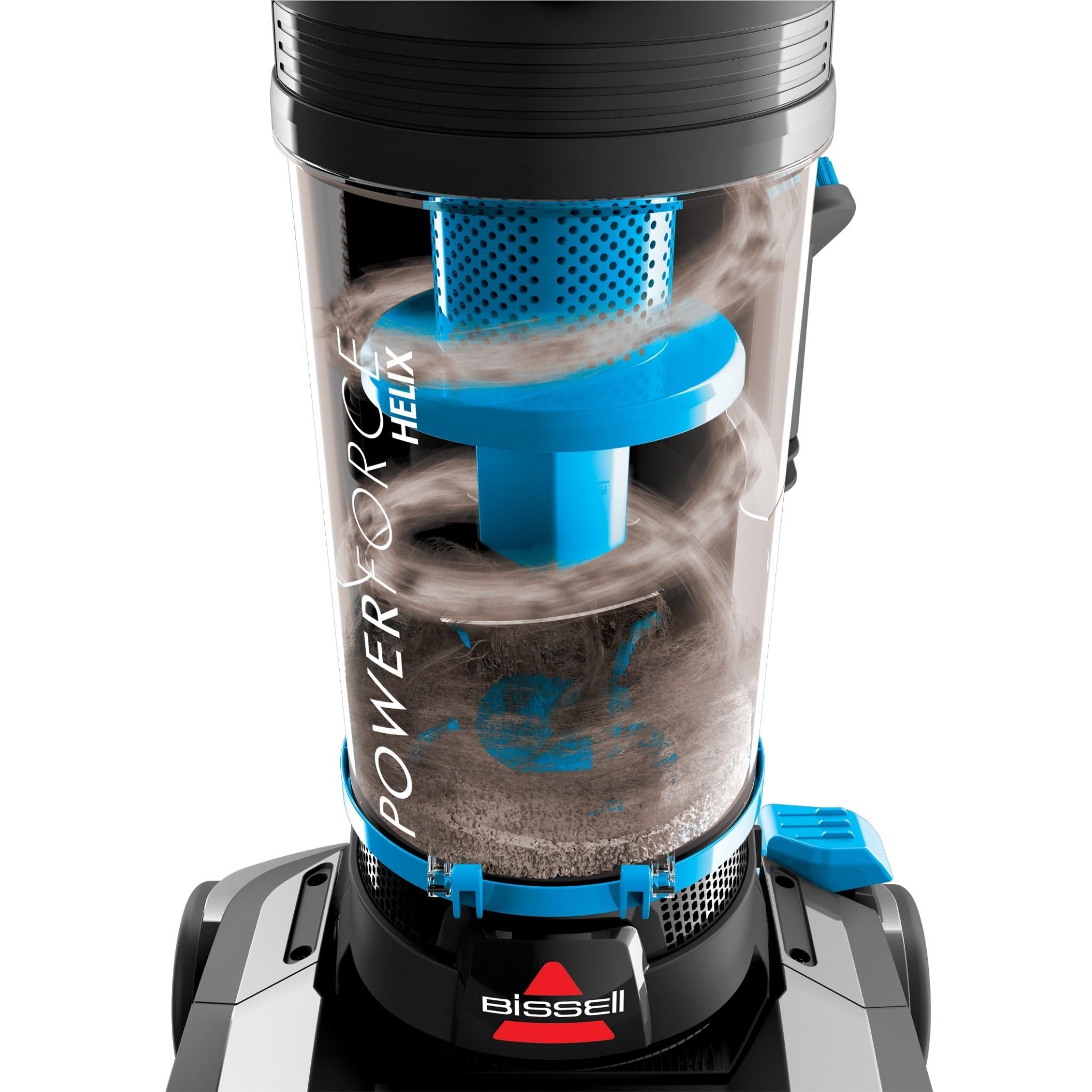 Clear 1L dirt bin with blue cyclone separator on bagless upright vacuum