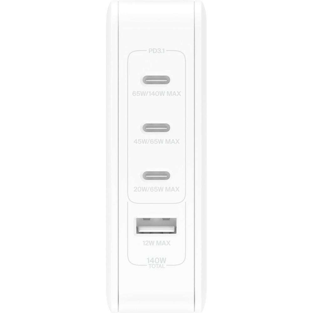 White Belkin wall charger showing vertical port panel with USB connections