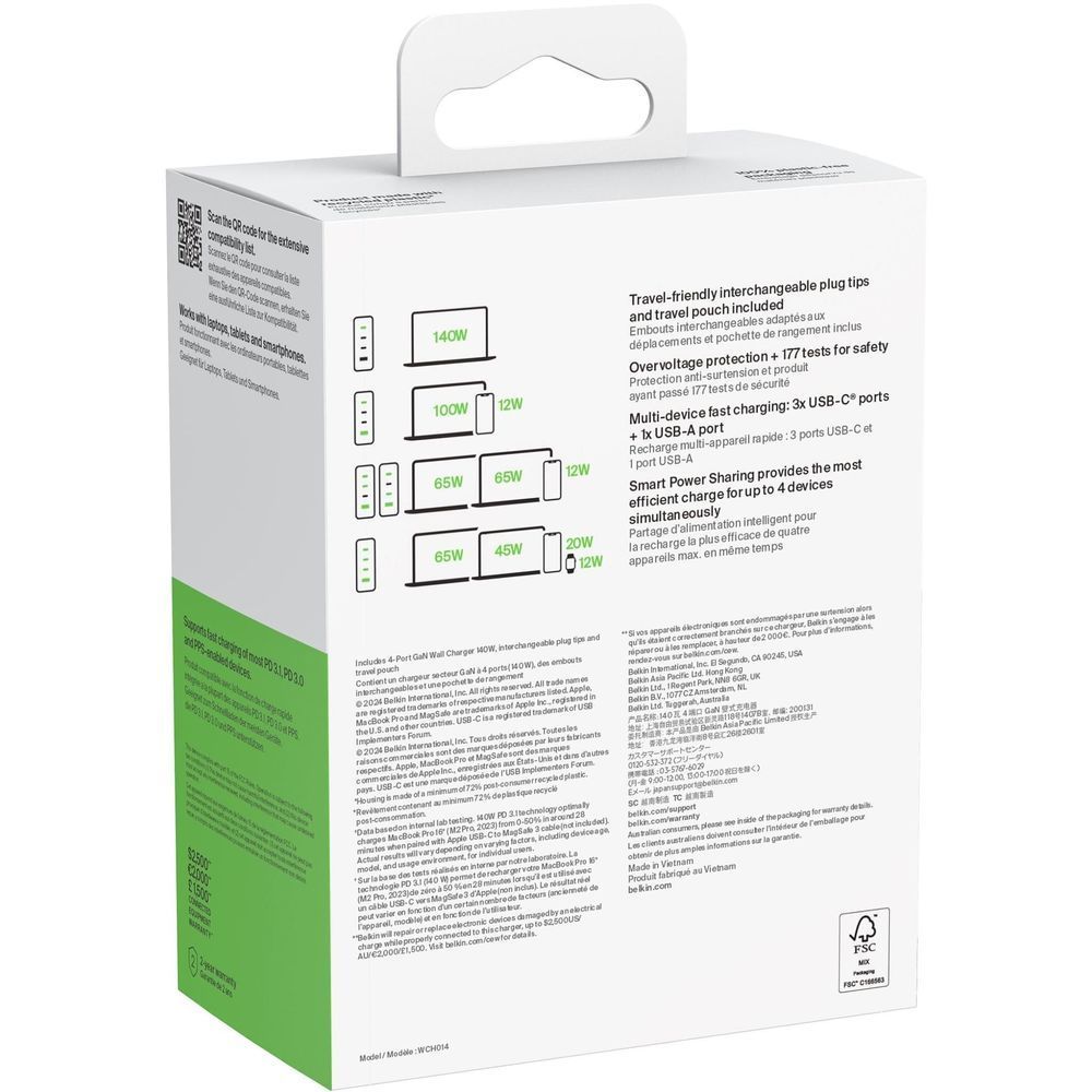 White Belkin BoostCharge Pro 4-port GaN 140W travel wall charger retail box