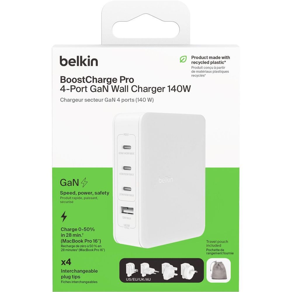 Belkin BoostCharge Pro 4-Port GaN 140W wall charger retail box with green accents