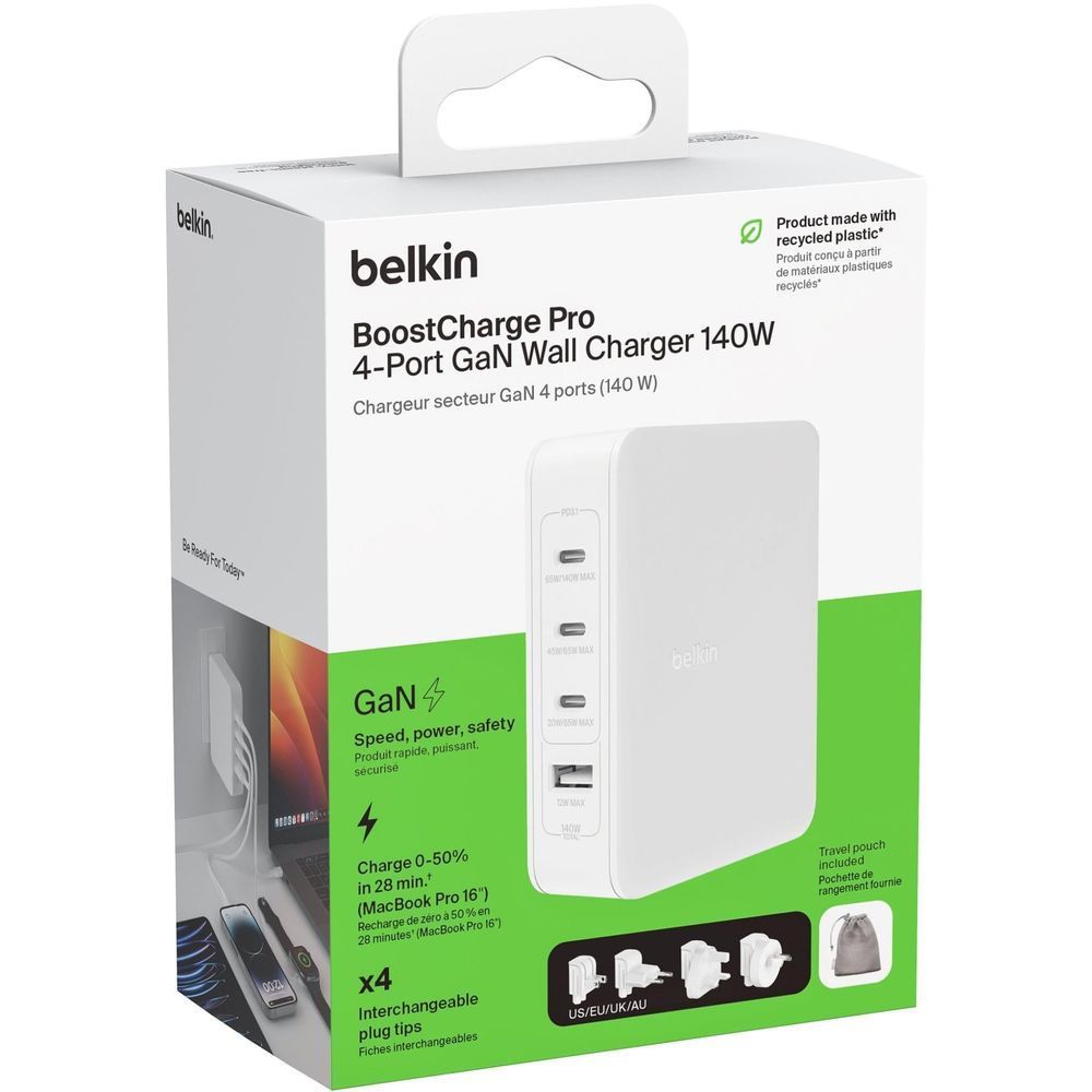 Belkin BoostCharge Pro 4-Port GaN 140W charger box with plug tips and GaN details