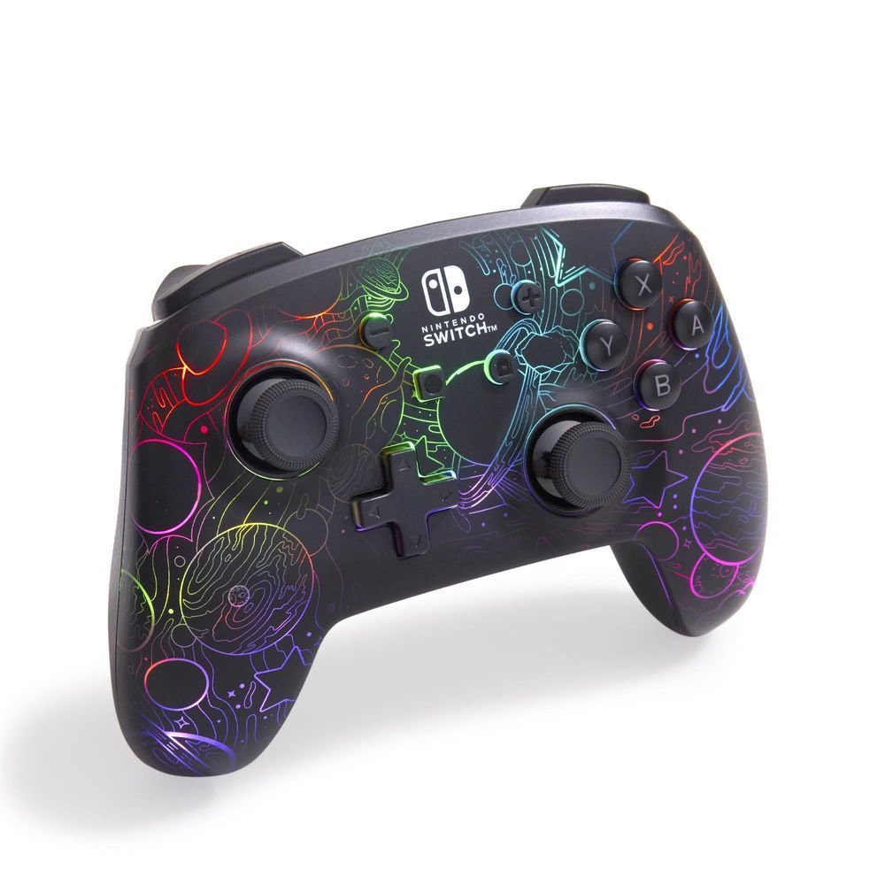 Wireless Nintendo Switch controller with multicolor neon etched pattern and thumbsticks