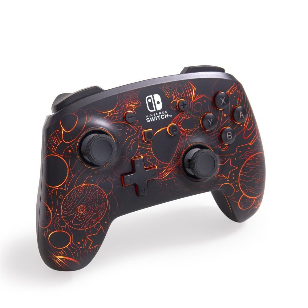 Wireless Nintendo Switch controller with orange-red and green neon etched design