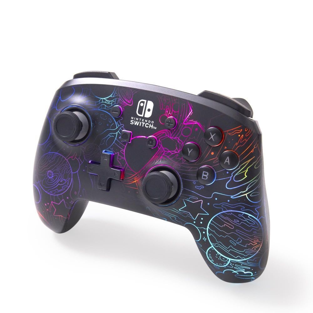 Wireless Nintendo Switch controller angled view with purple-blue etched galaxy artwork