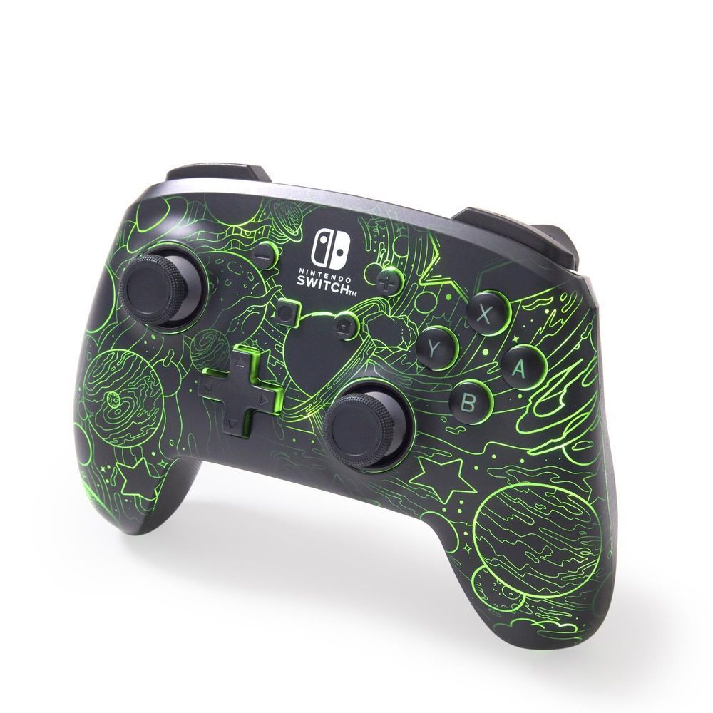 Wireless Nintendo Switch controller angled view with green neon etched pattern on dark shell