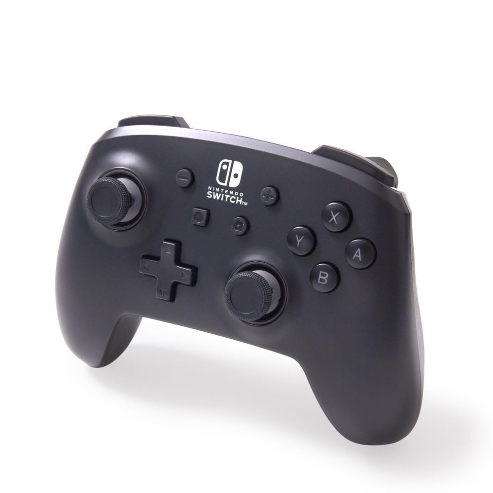 Wireless Nintendo Switch controller angled view with dark matte finish and labeled buttons
