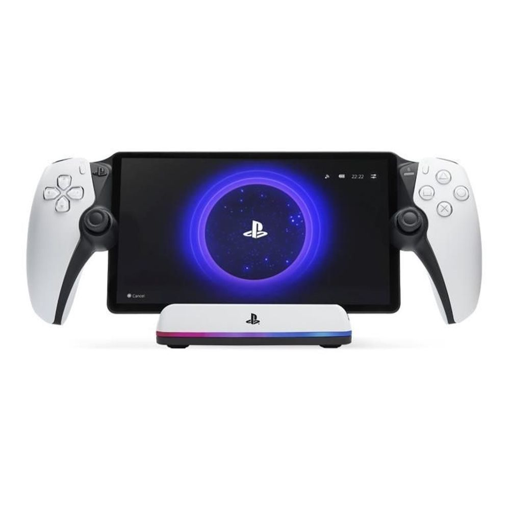Charging station base with controller grips and screen-facing cradle, blue light ring
