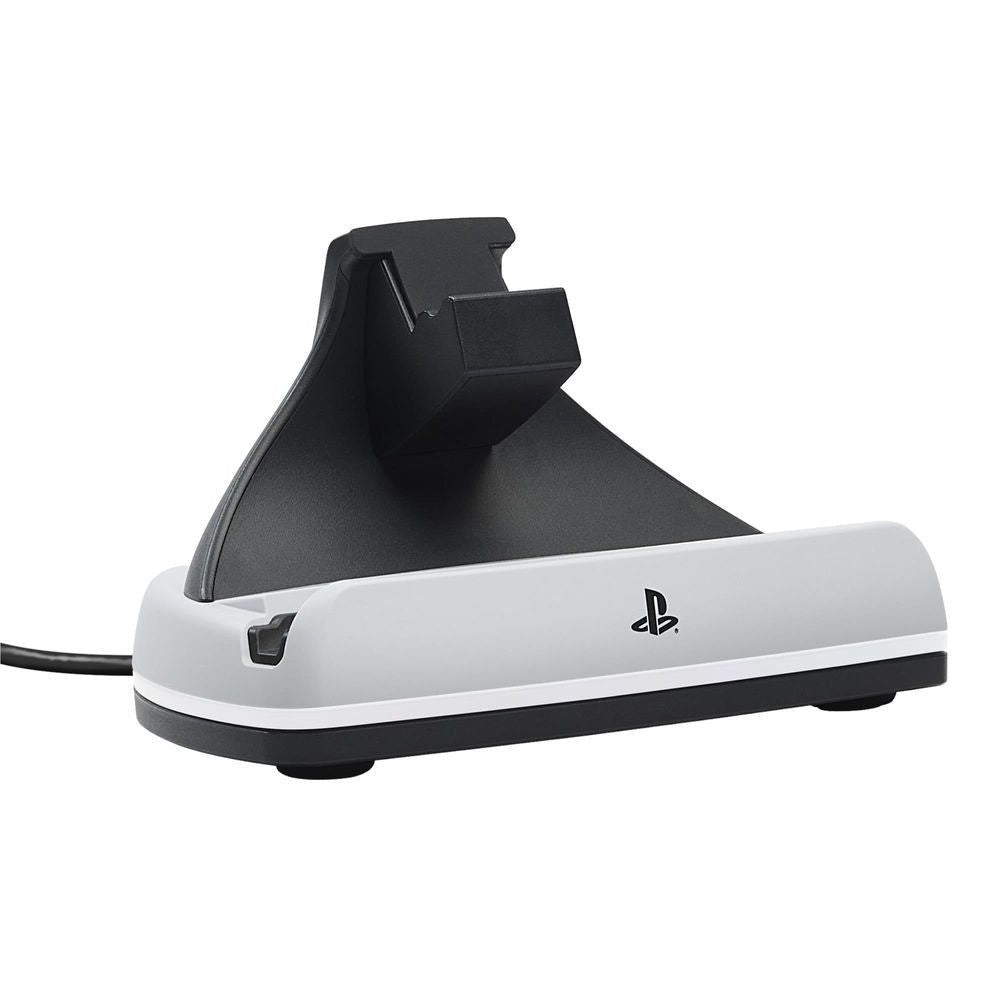 Black-and-white charging dock base with vertical stand and cable connection