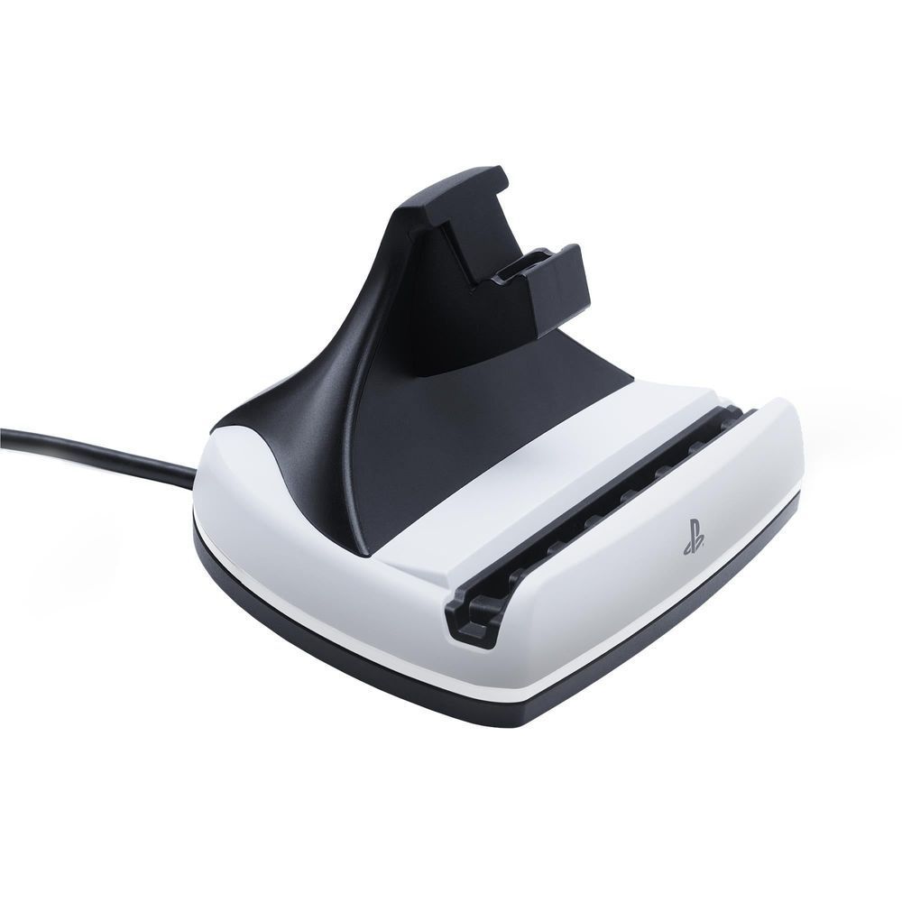 Charging dock stand with black cradle insert, white base, and connected cable