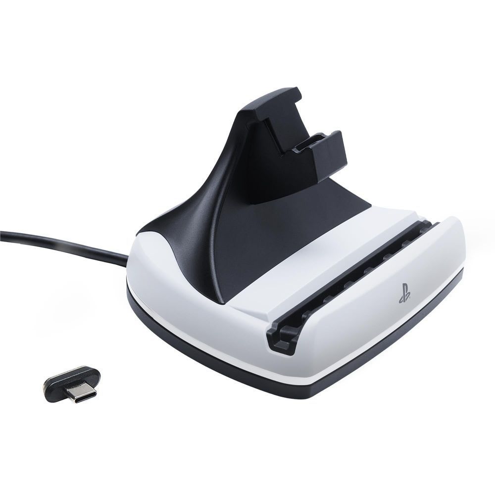 Charging station dock with black cradle support on a white base and side slot