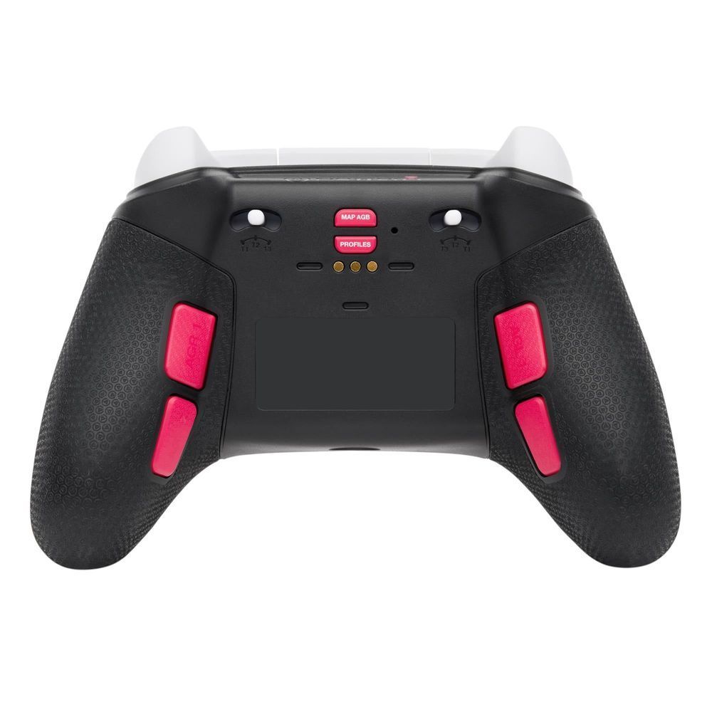 Black Xbox wireless controller back view with textured grips and red trigger buttons