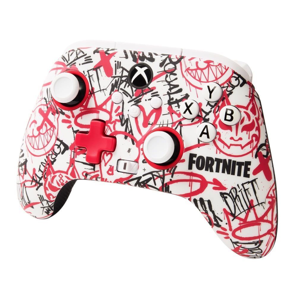 Fortnite-themed Xbox wireless controller front view in red and white graffiti pattern