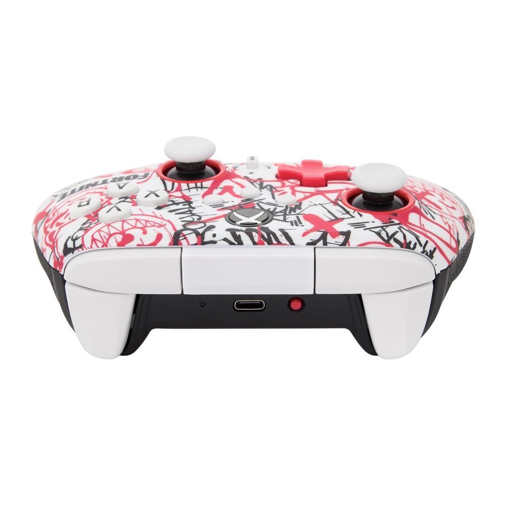 Fortnite-themed Xbox wireless controller top view with two white thumbsticks and red accents