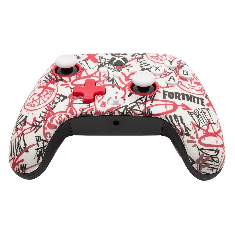 Fortnite-themed Xbox wireless controller front-right view with ABXY buttons and red D-pad