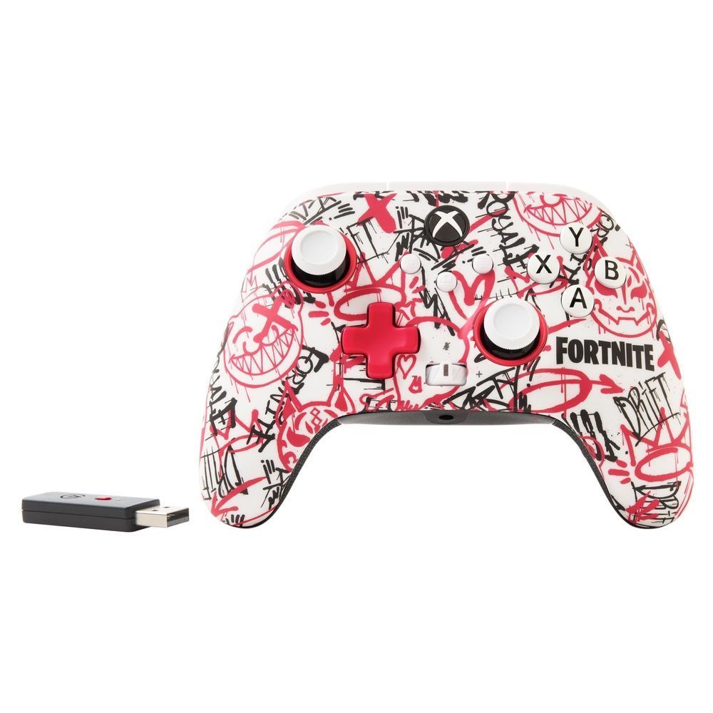 Fortnite-themed Xbox wireless controller with USB dongle accessory shown beside it